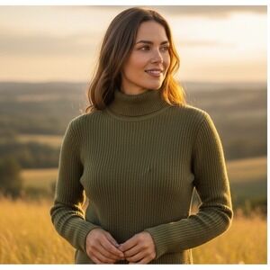 ✨Talbots Women Med Turtleneck Chartreuse Sweater Ribbed Knit Preppy Long Sleeve